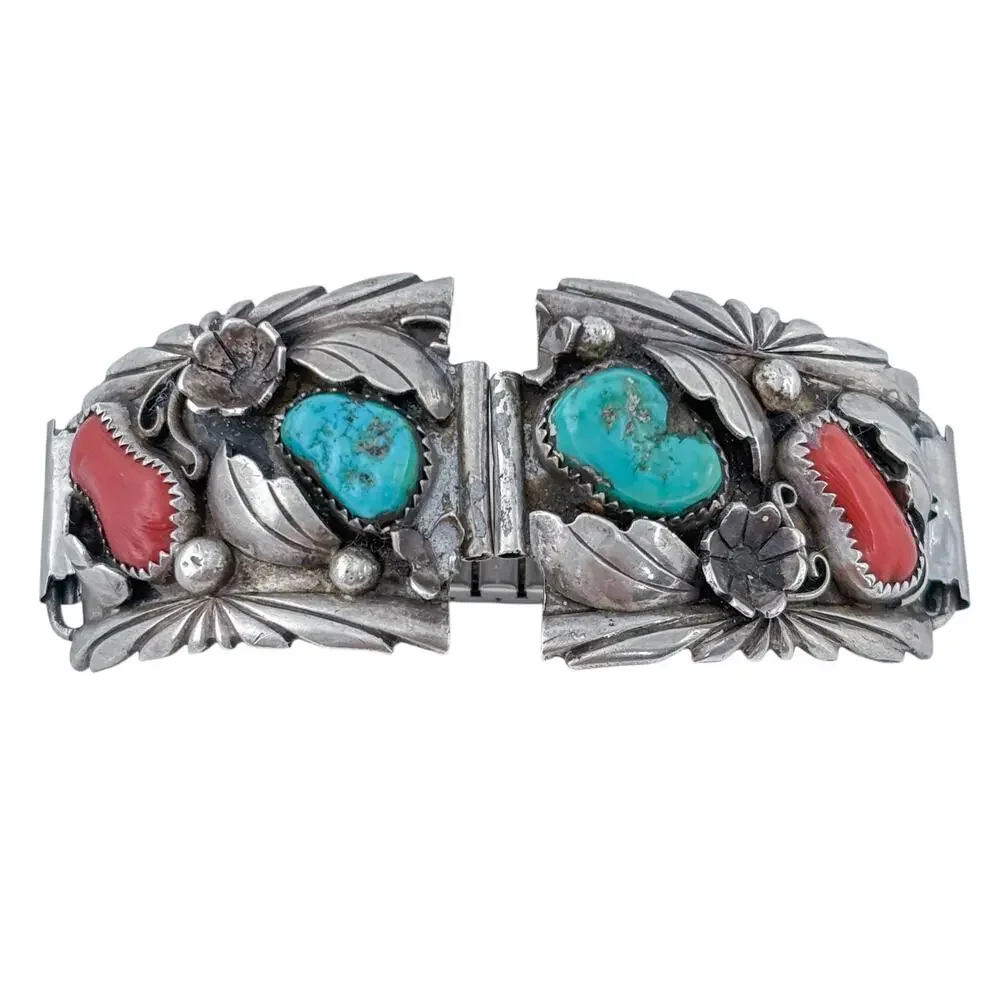 Vintage Southwest Sterling Silver 925 Turquoise Coral Watch Tips 6